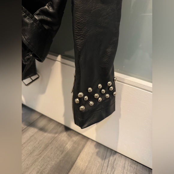 Faux Leather Biker Jacket with studs (with detachable hoodie). Size small. - Picture 6 of 8